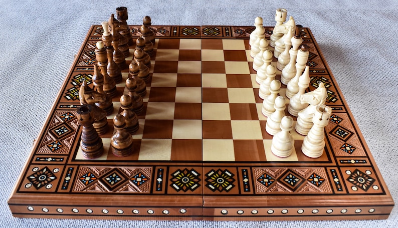 3 in 1 Chess Checkers and Backgammon inlaid wood Hand Carved Chess Set Handmade a beautiful gift for a friend