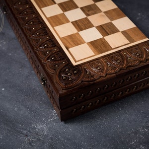 Tournament size wooden chess board with carved border and wooden pieces —  Three Trees Workshop