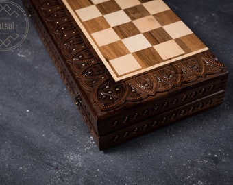 Carved Chess Set, Chess Checkers and Backgammon, Carved wood chess, Gift for father, Gift for a friend, Outdoor gift ideas