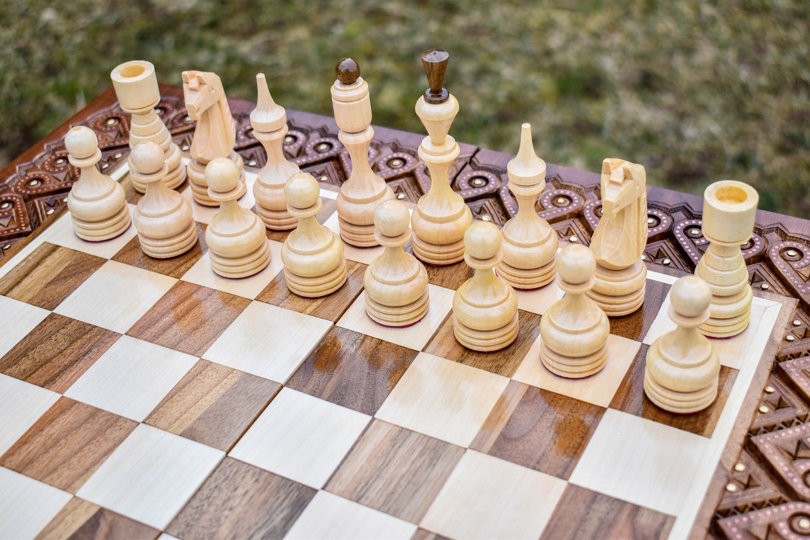Carved Chess Set Chess Checkers and Backgammon Inlaid With - Etsy