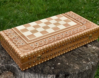 Handmade Carved Wood Chess Set, Hutsul Inlay, Travel Game