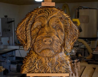 Cuadro de perro tallado en madera para pared: Retrato artesanal de mascota