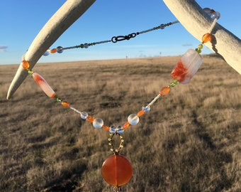 Abundance attracting Peridot and Carnelian crystal necklace
