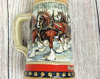 Vintage 1988 Anheuser Busch Budweiser Christmas Beer Stein- Clydesdales Mug