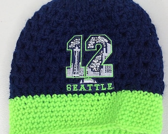 Youth NFL Seattle Seahawks Hand Crocheted Beanie Hat 12 Rhinestone Patch