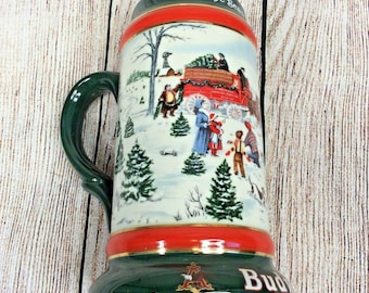 1991 Budweiser Anheuser Busch Holiday Beer Stein Clydesdale Horses Vintage Mug