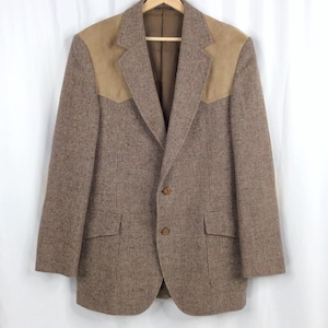 Vintage 70s Pendleton Wool Blazer Jacket Mens Size 42L 42 Long Suede Shoulder Elbow Patches Western Cowboy Tweed Beige Brown
