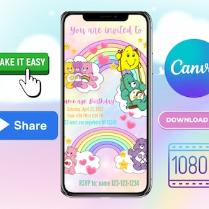Care Bear Invite, Digital Invitations, Care Bear Birthday, Kids Birthday Invitation