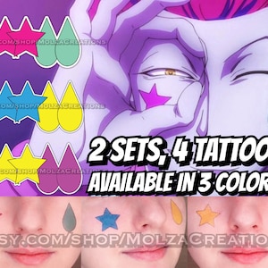 Könnte beinhalten: Zwei Sätze temporäre Tattoos, jedes Set enthält zwei Sterne und zwei Tränen. Die Tattoos sind in drei Farben erhältlich: Pink, Blau und Gelb. Das Bild zeigt die Tattoos auf dem Gesicht einer Person, mit dem Text "2 SETS, 4 TATTOOS AVAILABLE IN 3 COLORS!" und der Website-Adresse "ETSY.COM/SHOP/MOLZACREATIONS".