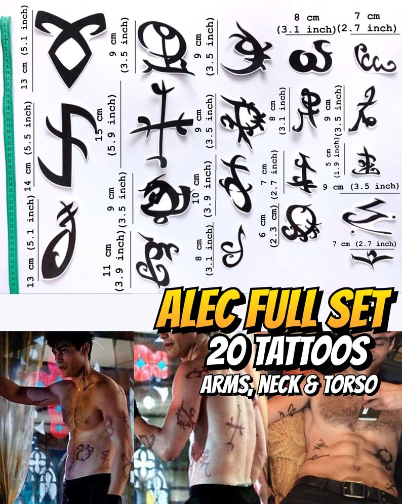 May include: A set of 20 black temporary tattoos featuring various symbols. The tattoos are labeled "Alec Full Set 20 Tattoos Arms, Neck & Torso". The tattoos range in size from 2.7 to 5.9 inches.