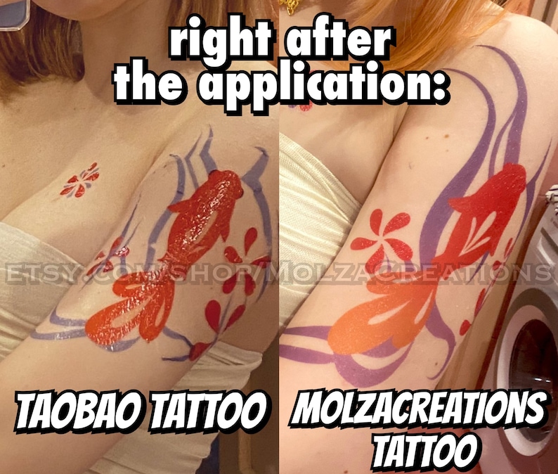 May include: Two images showing the application of a temporary tattoo. The left image shows a red and orange goldfish design with purple accents. The right image shows the same design after it has been applied to the skin. The text "TAOBAO TATTOO" is at the bottom of the left image and the text "MOLZACREATIONS TATTOO" is at the bottom of the right image.