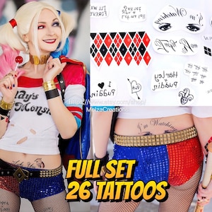 KOSTENLOSER VERSAND! Harley Quinn temporäres Tattoo FULL Set