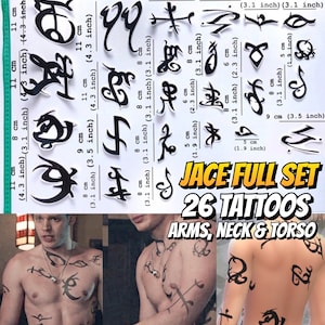 May include: A set of 26 black temporary tattoos featuring runes and symbols. The tattoos are labeled "Jace Full Set 26 Tattoos Arms, Neck & Torso".