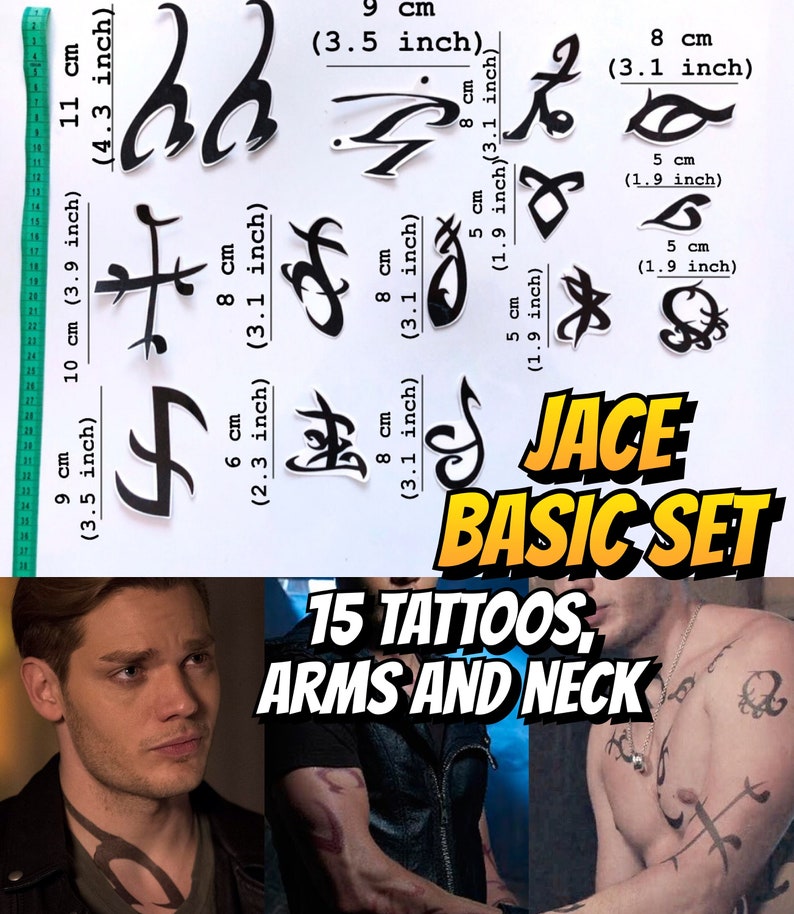 May include: A set of 15 black and white temporary tattoos featuring various designs. The tattoos are labeled "Jace Basic Set" and "15 Tattoos, Arms and Neck". The tattoos are shown on a ruler with measurements in centimeters and inches.