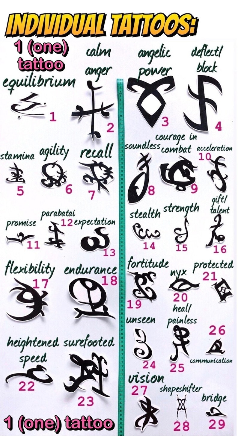 May include: A chart of 29 black and white individual tattoos with corresponding numbers and descriptions. The descriptions include words like "equilibrium", "anger", "angelic power", "deflect! block", "stamina", "agility", "recall", "soundless combat", "acceleration", "parabatai", "promise", "expectation", "stealth", "strength", "gift! talent", "flexibility", "endurance", "fortitude", "nyx", "protected", "heall painless", "unseen", "heightened", "surefooted", "speed", "vision", "shapeshifter", "bridge", and "communication".