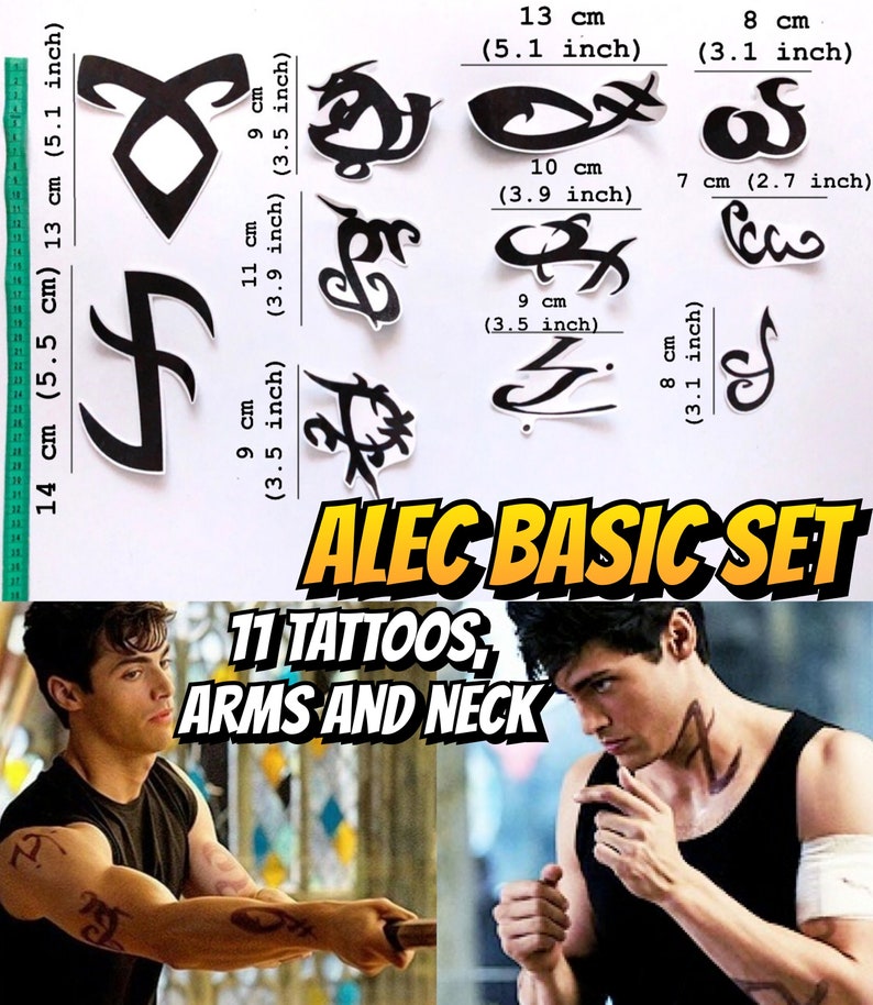 May include: Eleven temporary tattoos featuring black and white symbols, ranging in size from 2.7 to 5.1 inches. The tattoos are arranged on a white background with measurements in both centimeters and inches. The text "ALEC BASIC SET 11 TATTOOS ARMS AND NECK" is printed in yellow letters on a black background.