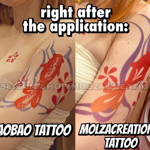 May include: Close-up of a person's arm with two temporary tattoos. The tattoos are of orange and red goldfish with purple and blue accents. The text "TAOBAO TATTOO" and "MOLZACREATIONS TATTOO" are visible on the image.