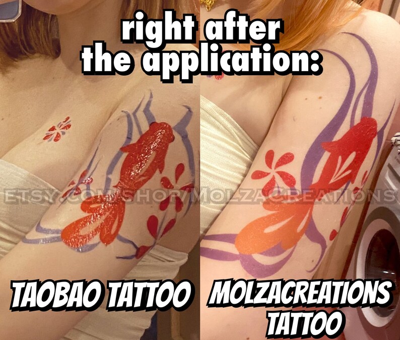 May include: Close-up of a person's arm with two temporary tattoos. The tattoos are of orange and red goldfish with purple and blue accents. The text "TAOBAO TATTOO" and "MOLZACREATIONS TATTOO" are visible on the image.