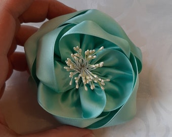 Turquoise hair clip satin flower "Jeanne" for the bride, for baptisms and for festive occasions