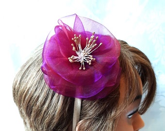 Charming fascinator headband in gold, purple and coral with an elegant organza flower "Fleur"