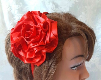 Fascinator headband in bright red with large satin flower "Alicia"