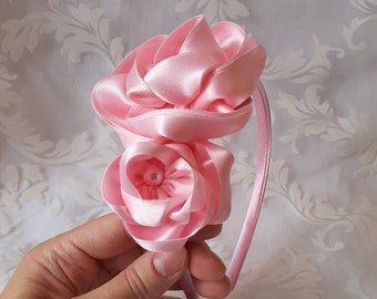 Bridal headpiece headband made of pink satin fascinator "Rosina" also perfect for baptism party prom