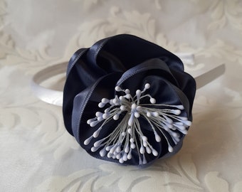 Festive headband fascinator in gray and white with romantic satin flower "Giselle"