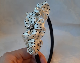 Braut Kopfschmuck Haarreif Schwarz Creme Polka Dots Satin Satinblumen "Noir" elegant festlich Taufe Party Abiball