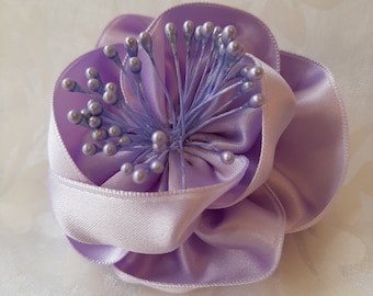 Elegant satin brooch purple lilac fabric flower "Agnes" for baptism or wedding