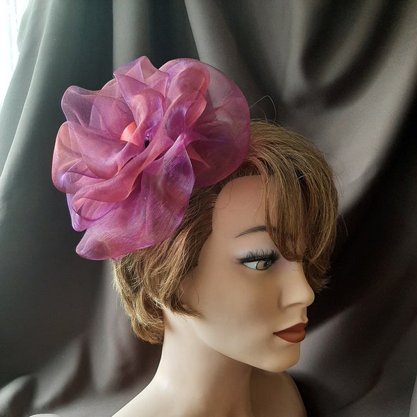 Playful fascinator headband in red and purple with extravagant organza flower "Rouge"