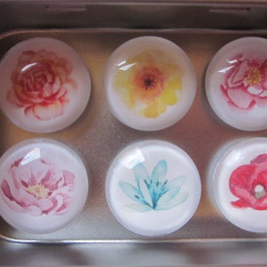 Cabochon Magnete mit Blumen Blüten Motiven Rot Gelb Blau Rosa 6er Set Herbes Geschenkidee Geburtstagsgeschenk Präsent Mitbringsel Deko Bild 3