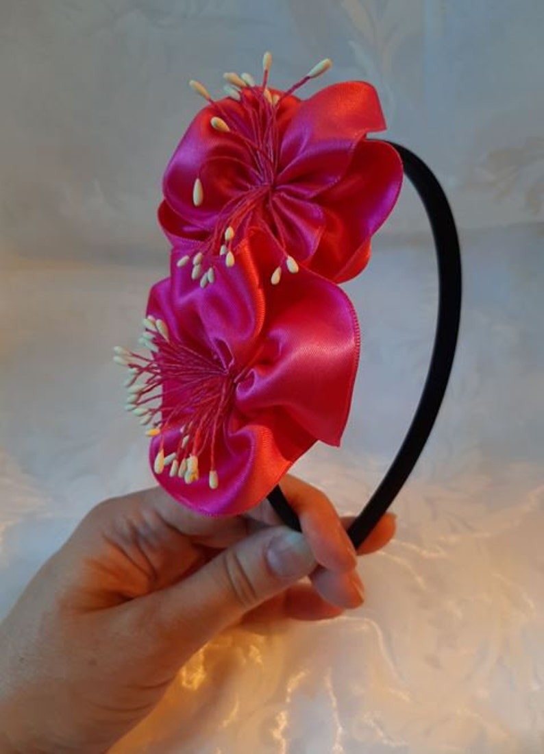 Festive headband headdress black pink satin satin flower Eve elegant exotic baptism party prom image 2