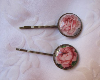 Cabochon Haarklammern mit Blumen 2er Set "Roses" romantisch Vintage Stil Hochzeit Taufe Jubiläum Geburtstag Weihnachten Abschlussball