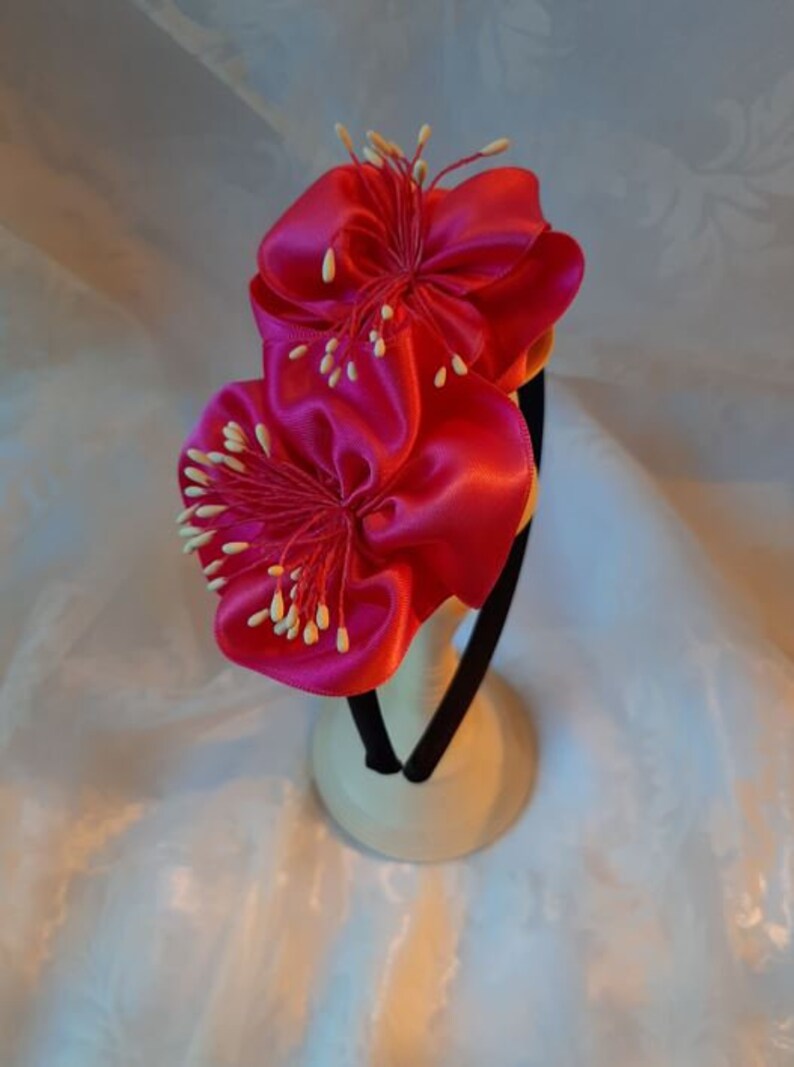 Festive headband headdress black pink satin satin flower Eve elegant exotic baptism party prom image 4