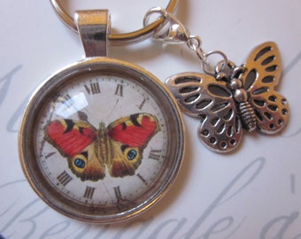 Schlüsselanhänger Schmetterling Vintage Stil Uhr Ziffernblatt Charm "Cléo" Steampunk Geschenkidee Geburtstagsgeschenk Jubiläum Weihnachten