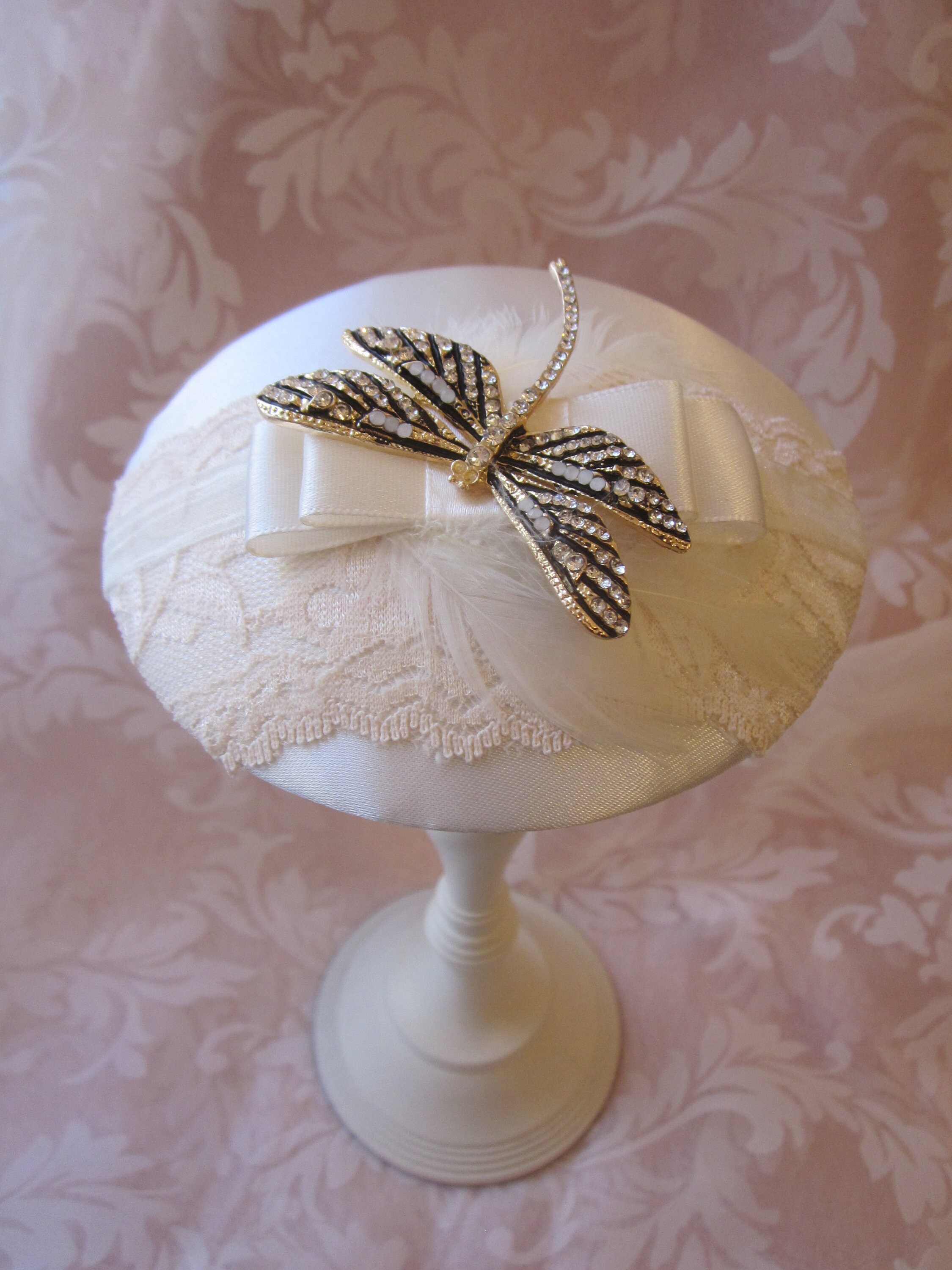 Fascinator Braut Kopfschmuck Creme Ivory Strass Libelle Satin Etsy España