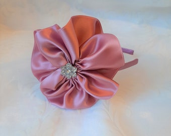 Bridal headdress headband old pink satin rhinestone satin flower "Fleur" elegant festive baptism party prom