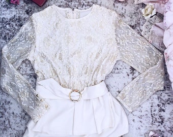 Sz. S 60s Peplum Nenette Lace Cream Chiffon Blouse with belt