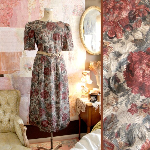 Secret Garden Burgundy Roses Olive Long Dress 70s