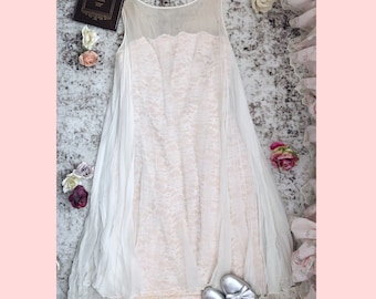 May include: A sleeveless dress featuring a pale pink lace overlay with a sheer white mesh yoke and pleated white side panels. The garment has a round neckline and a straight silhouette, showcasing a delicate floral pattern throughout the lace fabric.