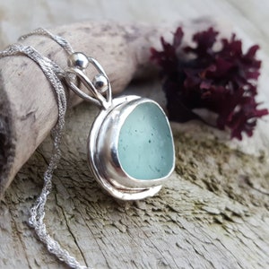 Aqua sea glass necklace. Sea glass pendant. Sea glass jewellery. Seaham sea glass. Sterling silver necklace. Handmade. sustainable jewellery