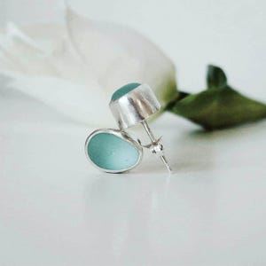 Sea glass stud earrings handmade in sterling silver. Seaglass jewellery. Beach jewelry. Unique earrings. Aqua. Seafoam. Ocean inspired