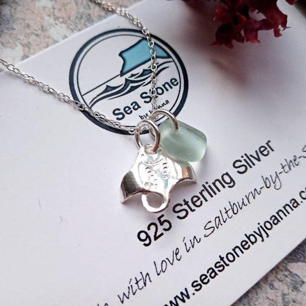 Manta ray necklace. Sea glass charm. Gift for her. Beach jewellery. Sterling silver. Gift under 20. Ocean inspired