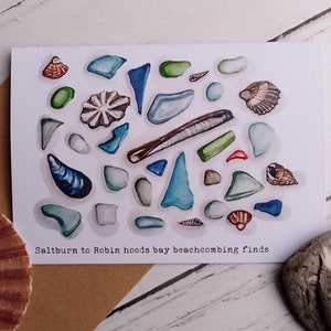 Tarjeta de felicitación de cristal de mar. Tarjeta en blanco. Tarjeta temática de playa. Tarjeta de concha de mar. Tarjeta de amante de la playa. Tarjeta de impresión de arte pintada a mano. Arte de cristal de mar.