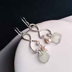 Pearl earrings. Drop earrings. Sea glass drop earrings. Gift under 40. bridal jewellery. Beach glass. Beach wedding. Beach Jewellery