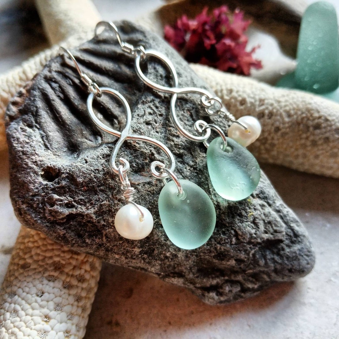 Pearl Earrings. Drop Earrings. Sea Glass Drop Earrings. Gift Etsy