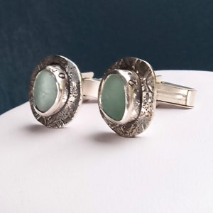 Handmade Sterling Silver Sea Glass Cufflinks: Beach Wedding Jewellery