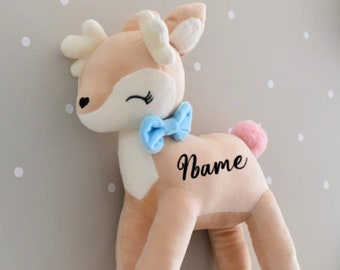 Peluche jouet Deer Câlin beige pastel 35 cm personnalisé avec nœud rose