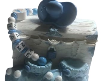 Money box with name treasure chest baby boy blue birth baptism personalized