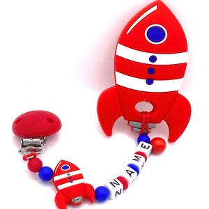 Mordedor para bebé, cadena cohete espacial con nombre, cadena de silicona, ayuda para la dentición, cadena para bebé, rojo imagen 8